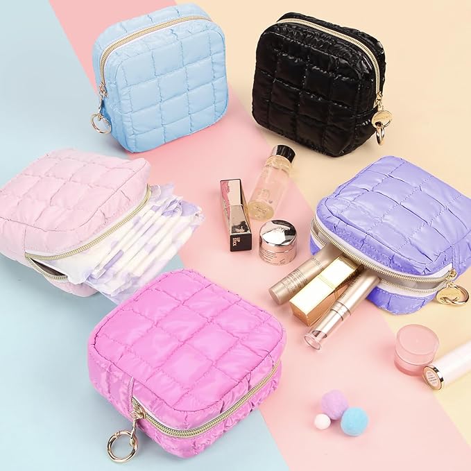 4.9" Puffy Small Makeup Bag, Cute Quilted Cosmetic Bag for Purse, Mini Travel Toiletry Organize Pouches for Women, Birthday/Wedding/Christmas Gifts (Black)