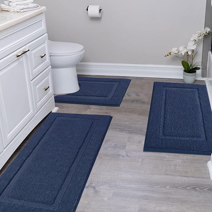 SHACOS Soft Fluffy Bathroom Rugs Set of 3 with Runner Rug U Shape Toilet Rugs Bath Mats Non Slip Washable Bath Rugs Absorbent Bathroom Carpet for Shower Tub, Navy Blue