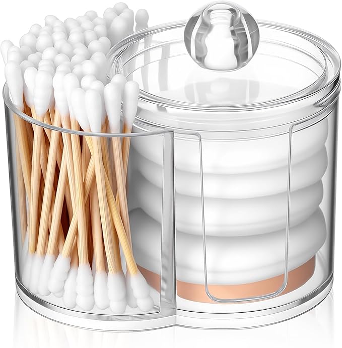 Cotton Swab Holder Dispenser Dual-Compartment Cotton Organizer Clear Vanity Canister with Removable Dustproof Lid Bathroom Accessories Storage Organizer for Cottons Swabs Balls Pads Floss