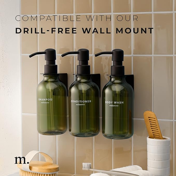 MaisoNovo Refillable Shampoo and Conditioner Bottles - 16.9 fl oz Set of 3 Green Plastic Bottles Black Plastic Pumps