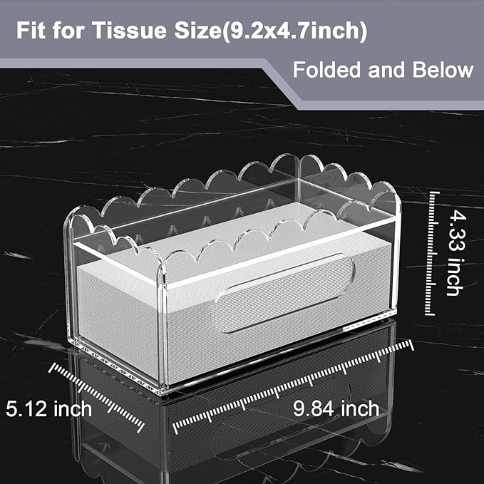 LUGUNU Acrylic Tissue Box Holder, Clear Rectangular Tissue Box Cover with Storage Tray, Modern Decorative Tissue Holder for Living Room, Bathroom and Office, 9.8x5x4.5 Inch