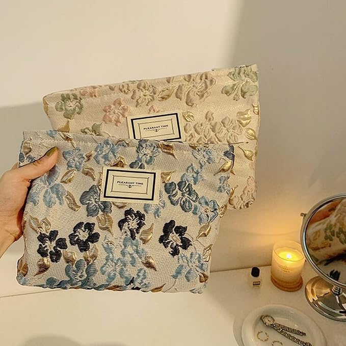 SxoSyo Cosmetic Bags for Women Makeup Bag Large Capacity Purse Travel Toiletry Zipper Storage Pouch Make up Brushes Organizer for Gifts (Blue, Stereo flower)