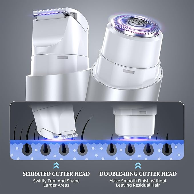 Bikini Trimmer for Women, Dual Head Face Shaver Body Hair Trimmmer, IPX7 Waterproof Womens Electric Razor for Legs, Silver Grey