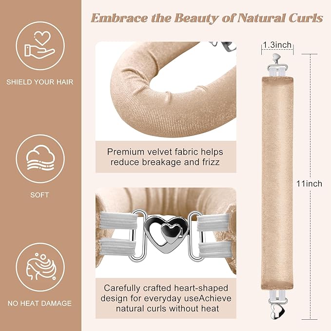 Heatless Curls, Heatless Curls Overnight Hair Care Set - Jumbo Velvet Hair Curlers to Sleep In, Soft Heatless Curling Rods for All Hair Types- 6pcs Beige