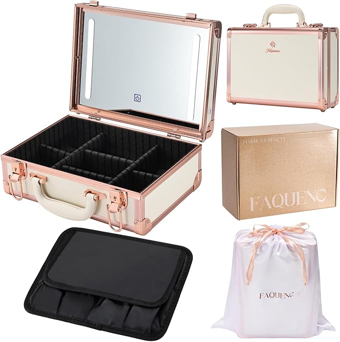 Makeup Train Cases with Light Up Mirror 3 Color Setting, Lighted Makeup Case Organizer with Detachable Tray, Travel Makeup Box with Light for Make up Tools Storage (White & Gold)