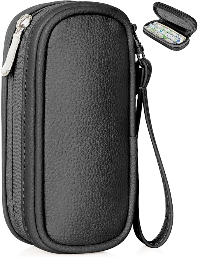 Tampon Holder for Purse, Portable Period Bag with Handle, Travel Pads Tampons Pouch, PU Leather Small Tampon Organizer Case for Feminine Products, Waterproof Period Bags (Black)