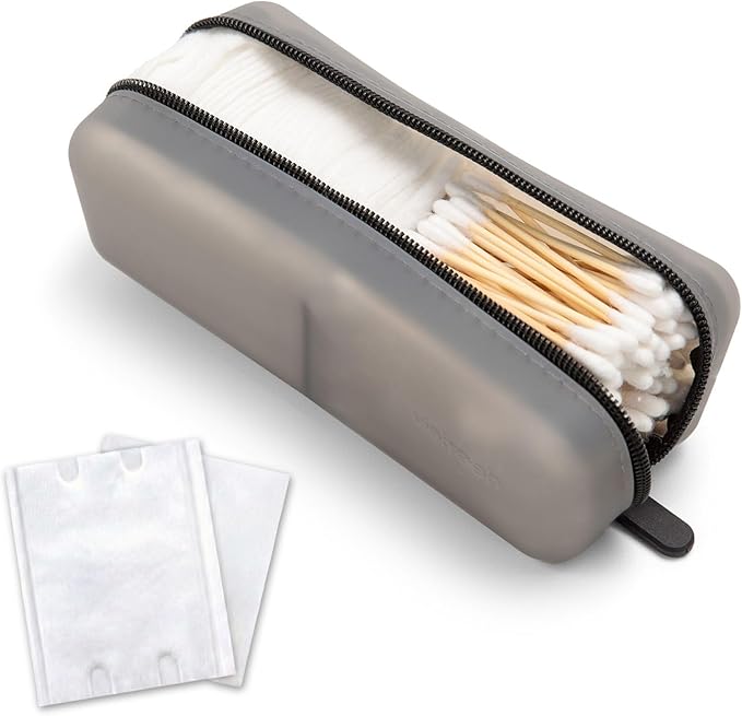 Cotton Pad Swab Travel Case – 2-in-1 Portable Waterproof Qtips Dispenser for Cotton Square Pad & Qtip, Floss, Bobbi Pin, Nail Kit, Hair Accessories Organizer TSA Compliance – VISFRESH (Black)