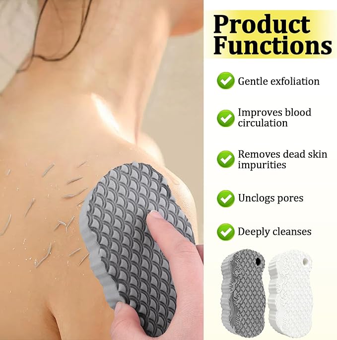 2Pcs Magic Exfoliating Bath Sponge, 3D Ultra Soft Deep Cleansing Body Sponge with Lanyard, Gently and Painlessly Removes Dead Skin & Impurities, Skin Friendly Reusable Sponges (White + Gray)