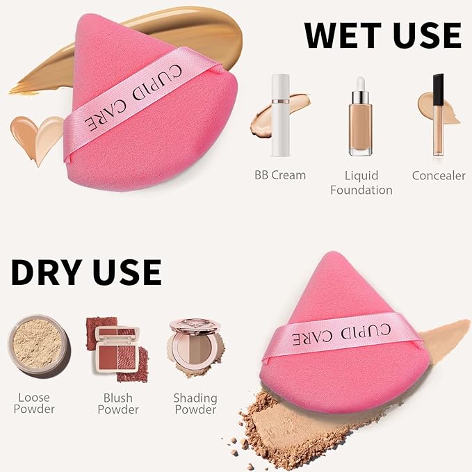 6 Pcs Triangle Powder Puff with 2 Travel Cases, Setting Powder Puffs for Face Powder and Foundation, Velour Makeup Puff for Loose Powder Body Powder, Skin-Friendly, Beauty Makeup Tools-Red
