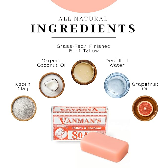 VanMan Beef Tallow and Coconut Oil Bar Soap – Pure Grass-Fed Beef Tallow Soap with Coconut Oil & Kaolin Clay, Subtle Grapefruit Scent, Hydrating & Nourishing, Clean Ingredients, 3.8oz - 10 Pack