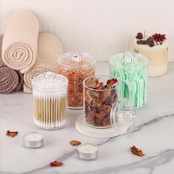 3PCS Acrylic Qtip Dispensers Holders With Clear lid, Clear Bathroom Round Countertop Storage Organizer Canister for Cotton Balls,Swabs,Pads,Bath Salts , Makeup Sponges,Tooth Floss
