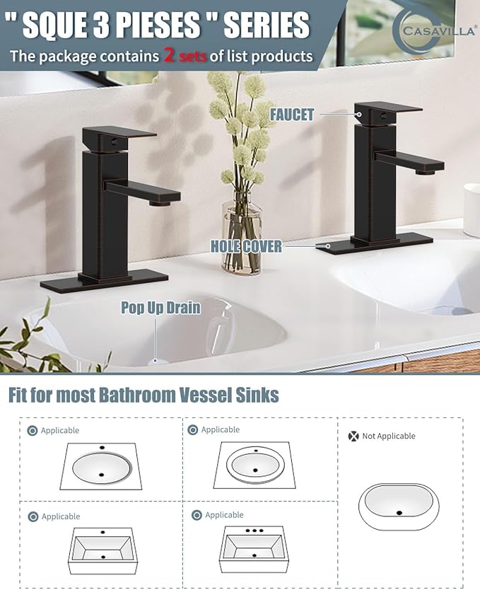 Bathroom Sink Faucet-2 Sets, Oil Rubbed Bronze Bathroom Faucet with Pop-up Drain and 6 Inch Deck Plate, Single Handle for Modern Farmhouse RV Sink (2 Holes)