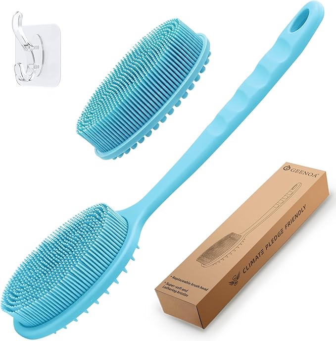 Silicone Back Scrubber for Shower, Gentle Exfoliating Body Scrubber & Back Washer with Handle, Silicone Loofah with Two Dual-Side & Replaceable Brush Heads(Blue-Two Heads)