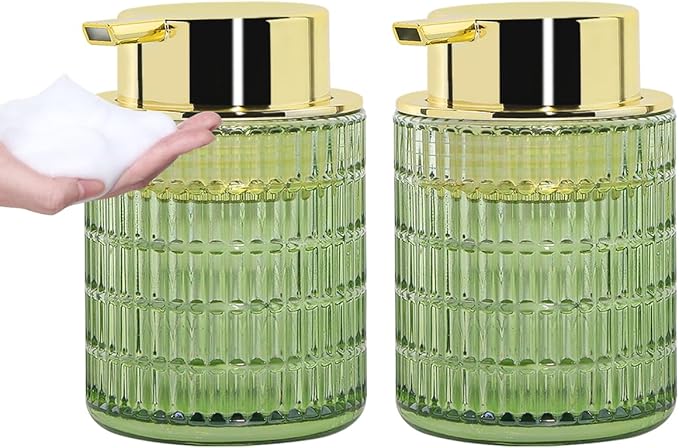 2pcs Green Foaming Soap Dispenser, Glass Foam Hand Soap Dispenser with Gold Pump, 10 Oz Bathroom Refillable Liquid Lotion Pump Ribbed Bottle Container for Countertop Decor