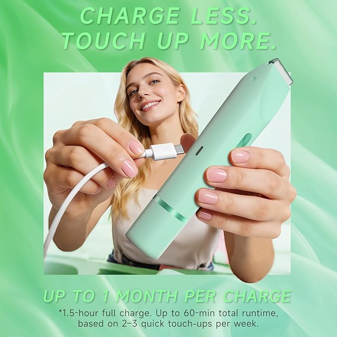 Bikini Trimmer for Women, Dual-Ended Electric Razor Personal Shaver for Bikini Line & Pubic Hair, Waterproof USB-C Rechargeable Body & Face Trimmer for Underarms & Legs (Mint Green)