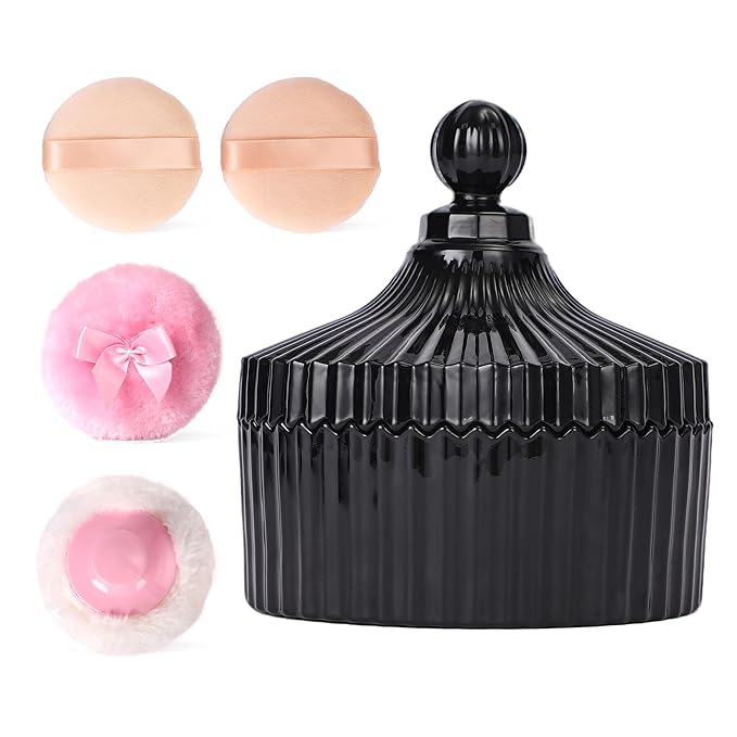 Extra Large Body Powder Puff and Container Set Crystal Powder Container with 3 Soft Velour Power Puffs for Women Baby Face Body Washable Reusable Wet Dry Makeup Mother's Day Gifts (Black)