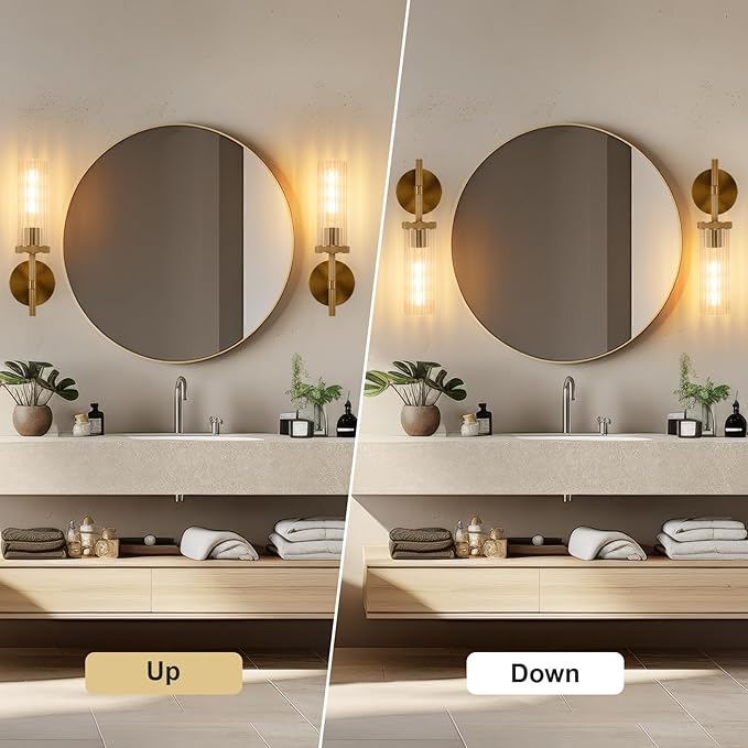 15" Knurled Gold Hardwired Wall Sconces Set of 2, Bathroom Vanity Light Fixtures with Vertical Striped Glass Tube, Modern Lamp Lighting for Bedroom, Living Room, Hallway, Staircase, Mirror, Kitchen