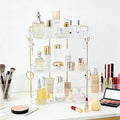 3-Tier Corner Bathroom Organizer Countertop with Hooks, Bathroom Sink Corner Vanity Storage for Makeup, Skincare and Perfume (White Gold)