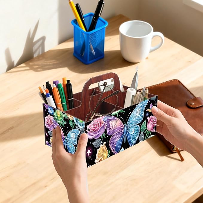DIY Flower Diamond Art Wooden Multi-Compartment Organiser Box with Handle Diamond Painting Cosmetic Storage Box for Adult Portable Wooden Storage Case for Storing Desktop Items