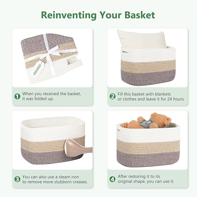 Cotton Rope Storage Basket, 15x10x9 Inches, Woven Basket for Shelves, Clothes, Towels, Books, and Laundry, White (2 Pack)