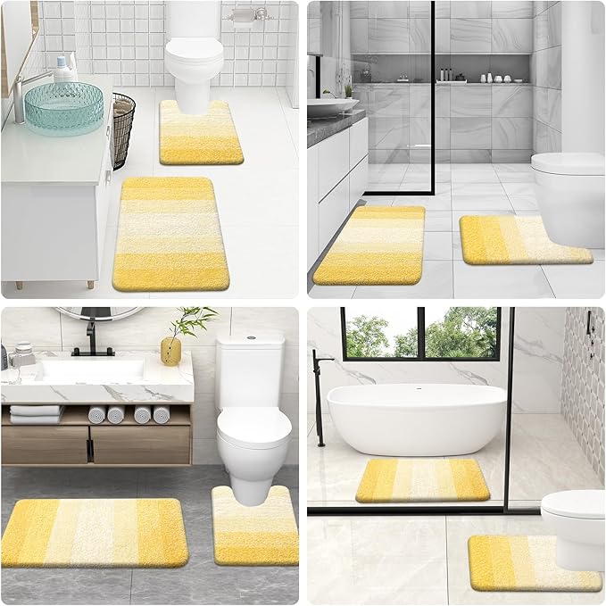 OLANLY Bathroom Rugs Sets 3 Piece, Soft Absorbent Microfiber Bath Mats and U-Shaped Contour Toilet Rug, Plush Shaggy Bath Mat Set for Bathroom (47"x20"+24"x16"+24"x20", Yellow)