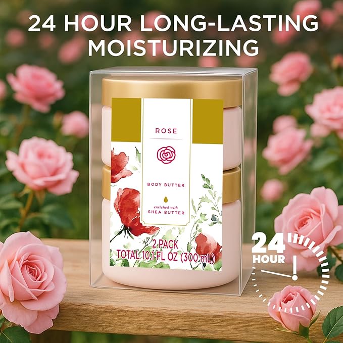 Princess Belle Rose Body Butter, Body Moisturizer for Dry Skin, Body Butter for Women Smell Good, Rose Gifts for Women-2 Pack (3.4floz + 6.8 floz)