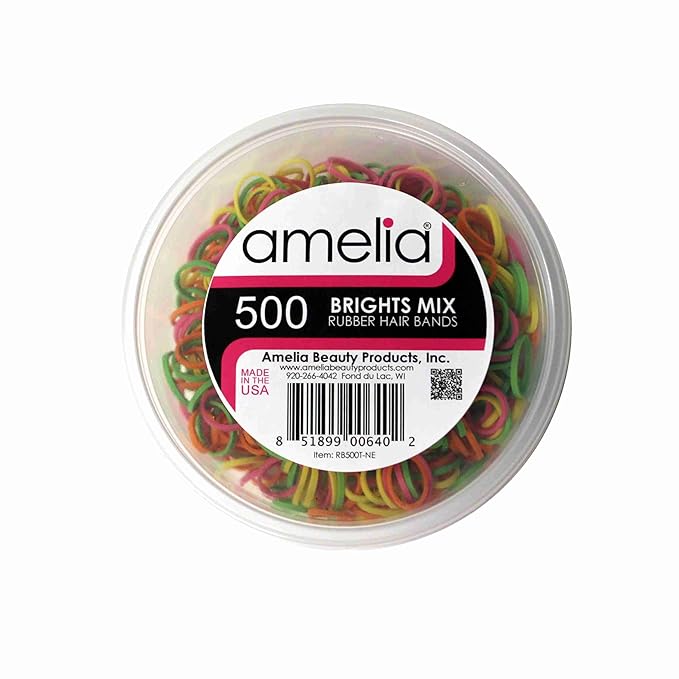 Amelia Beauty 500 Count Small Rubber Bands for Hair – ½" Brights Mix - Made in USA - Recloseable Container - Mini Hair Elastics for Braids, Ponytails, Cornrows & Twists – Strong Hold Ponytail Holders