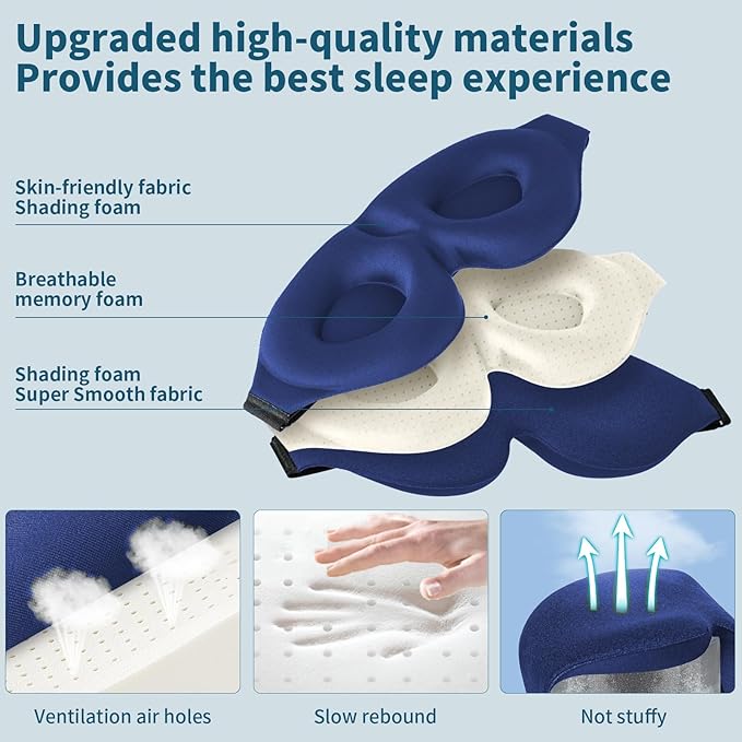 ZGGCD Sleep Mask for Side Sleeper, Light Blocking Sleeping Eye Mask for Women Men, 3D Contoured Cup Night Blindfold, Luxury Eye Cover Eyeshade with Adjustable Strap for Travel, Nap, Blue