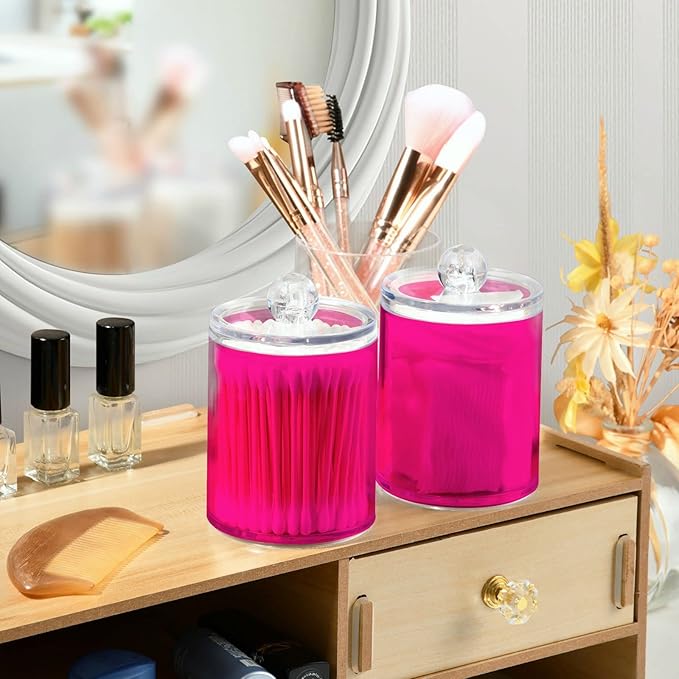 Deep Pink Qtip Holder Organizer Dispenser Cotton Swabs Cans Plastic Jars with Lid Set 4 Pack Bathroom Storage Canister for Cotton Ball Floss Cotton Pads