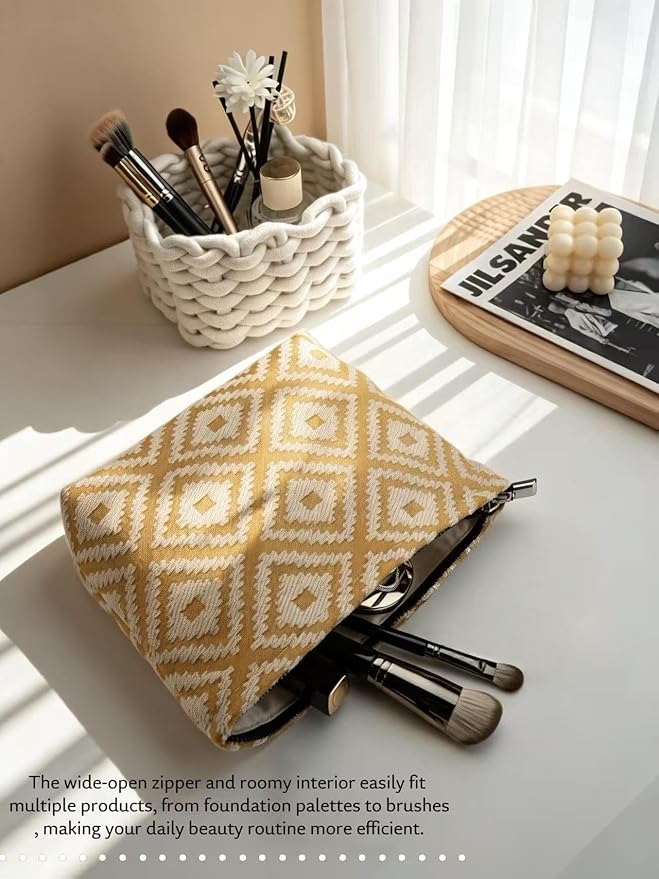 Parallel Checkered Embroidery Yellow Makeup Bag for Women Girls - Large Capacity Cosmetic Pouch | Travel Toiletry Bag & Purse Organizer