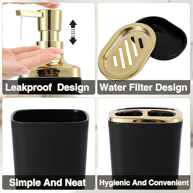 Black Bathroom Accessories 8 Piece Black and Gold Bathroom Set, Bathroom Accessories with Stainless Steel Bathroom Trash Can,Toilet Brush,Toothbrush Set,Soap Dispenser