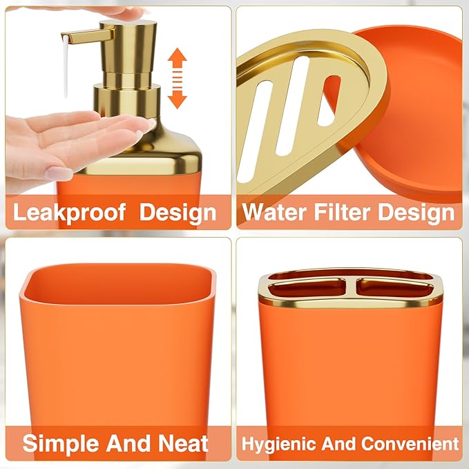 Bathroom Accessories 8 Piece Orange and Gold Bathroom Set, Bath Accessories with Stainless Steel Trash Can,Toilet Brush,Toothbrush Set,Soap Dispenser