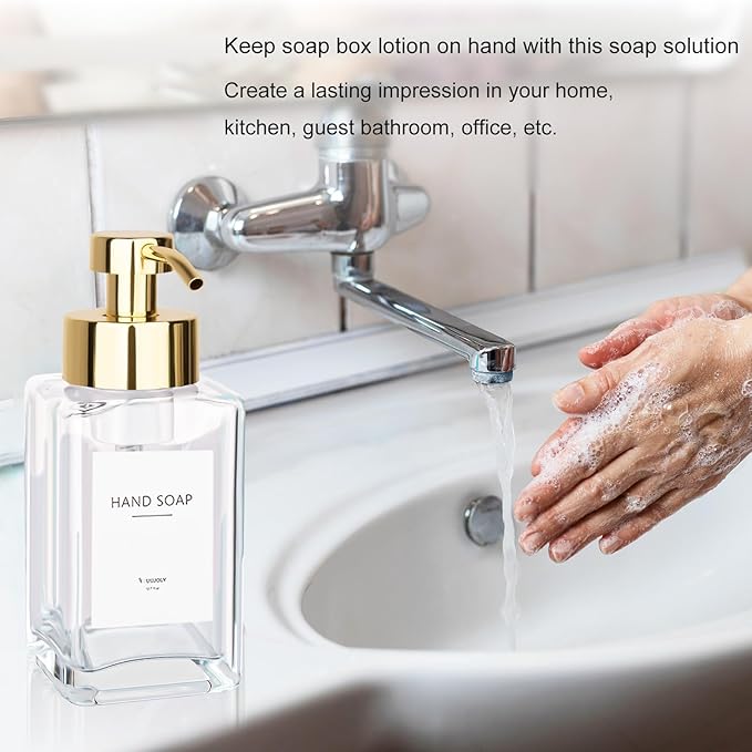 Foaming Soap Dispenser with Stainless Steel Pump, 12oz Refillable Glass Liquid Dish Soap Bottles for Bathroom, Kitchen Sink, Home Decor