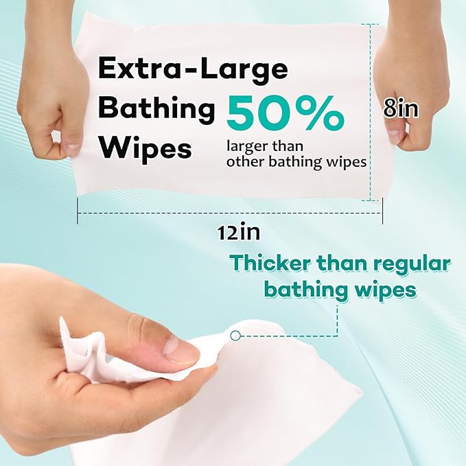 XL Bathing Wipes No Rinse for Adults – 12 Packs (120 Count)- Extra Thick & Large Shower Wipe, Ideal for Men, Women & Elderly – Soft & Gentle Disposable Bath Wipes - Camping & Travel Essentials