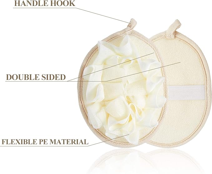 Boao 3 Pcs Bath Shower Pouf Sponge Mesh Pouf Shower Ball Exfoliating Body Sponge Pad Scrubber Glove with Flower Bath Ball (Beige)