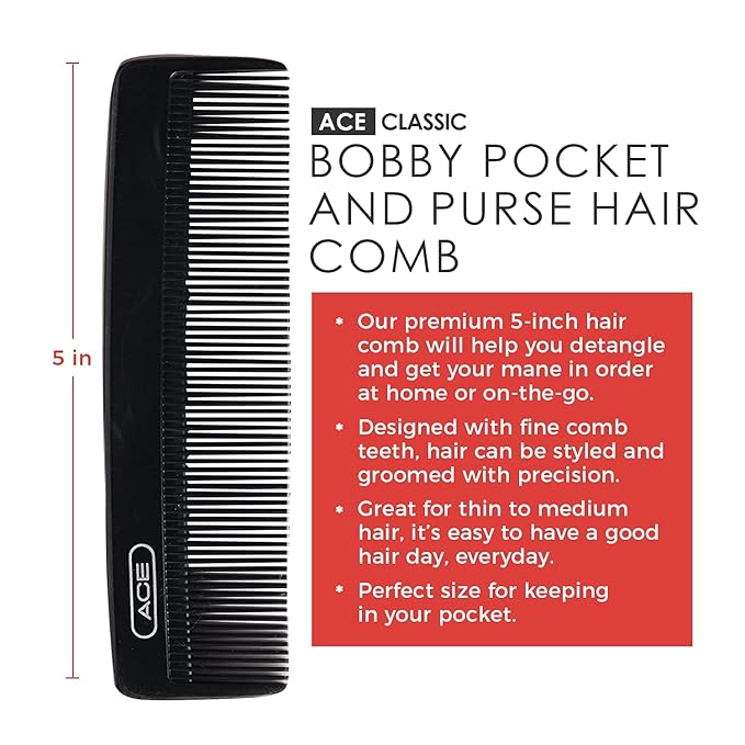 GOODY Ace Classic Bobby Pocket and Purse Hair Comb - 5 Inch, Black - Great for All Hair Types - Fine Comb Teeth for Thin to Medium Hair (Pack of 2)