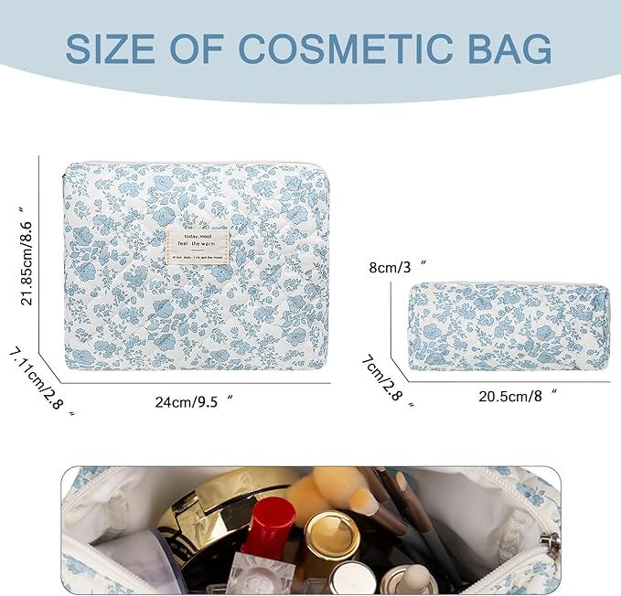 2PC Makeup Bag Set, Cute Cosmetic Bag for Women Girls, Floral Coquette Aesthetic Toiletry Bag, Travel Make Up Organizer Bag (Brown Checked)