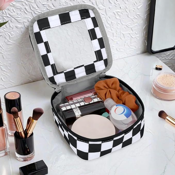 DOB SECHS Mini Checkered Bag for Purse 5.1'' x 5.1'' Small Makeup Bag for Car Cute Clear Cosmetic Bags with Zippers, Tiny Toiletry Bag Lipstick Pouch Organizer Case Travel Essentials Storage Pouches