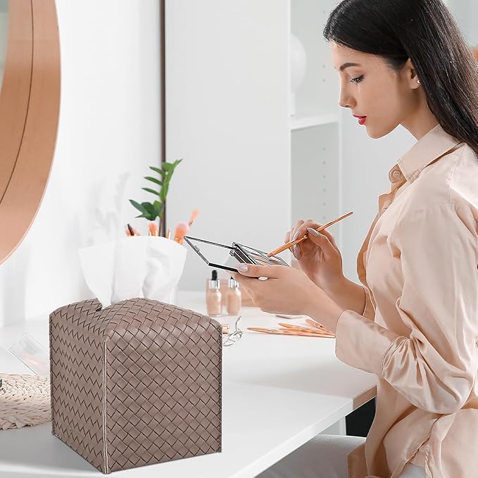 Tissue Box Cover PU Leather Tissue Holder Square Facial Tissue Case Facial Paper Organizer Dispenser for Bathroom, Vanity Countertop, Car, Light Brown