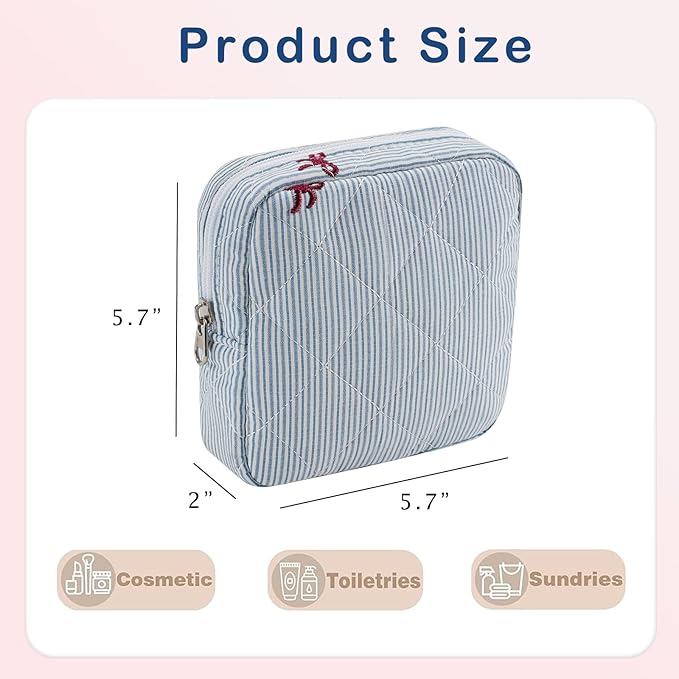 Small Quilted Striped Cosmetic Pouch for Purse, Mini Cotton Makeup Bag with Compartments, Cute Zipper Lipstick Holder for Women (27 Thin Stripes)