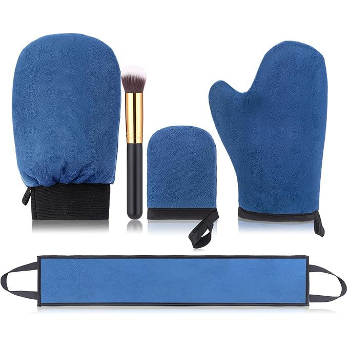 Boao 5 Pieces Self Tanning Mitt Applicator Kit, Includes Tanning Mitt, Exfoliating Glove, Mini Face Glove, Back Lotion Applicator, and Large Brush Makeup (Navy Blue)