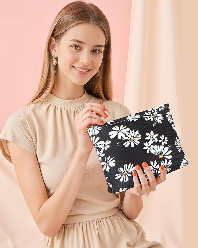 Cute Elegent Black Floral Flower Makeup Pouch for Women Small Make Up Bag for Purse Zipper Initial Makeup Cosmetic Bags Pouches for Purse Aesthetic Travel Toiletry Bags