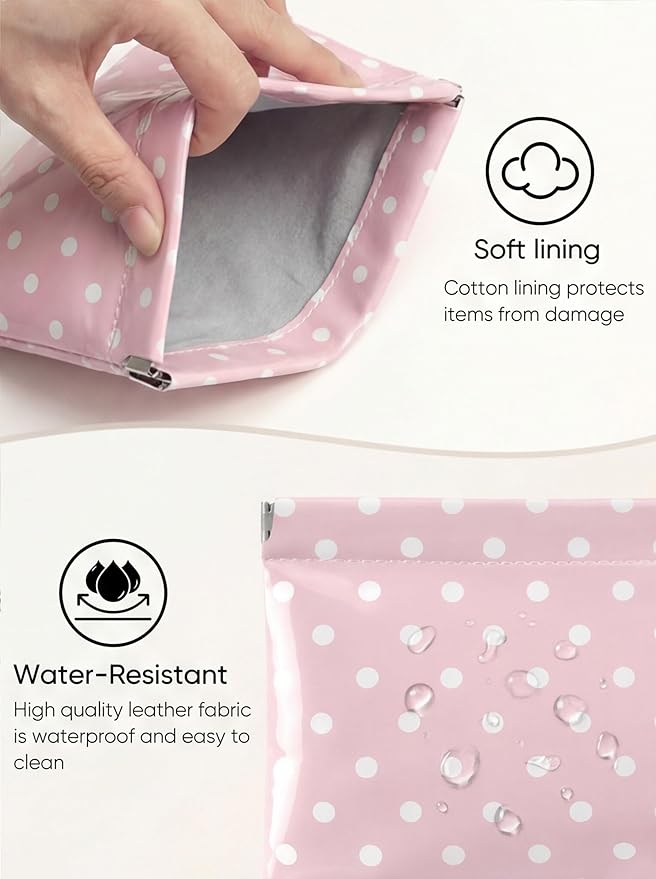 Dots Leather Makeup Pouch Set for Women Small Make Up Bag for Purse Waterproof Initial Makeup Cosmetic Bags Pouches for Purse Aesthetic Travel Toiletry Bag,Pink White