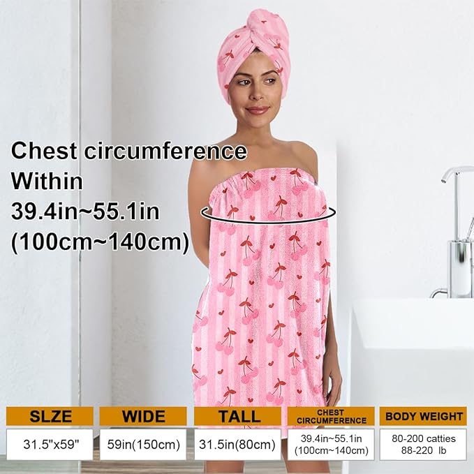 Women’s Pink Cherry Bath Wrap and Hair Towel Set, Soft Absorbent Microfiber Quick-Dry Shower Body Skirt with Elastic Closure, Lightweight Spa Towel for Home, Gym & Travel (Cherry 10)