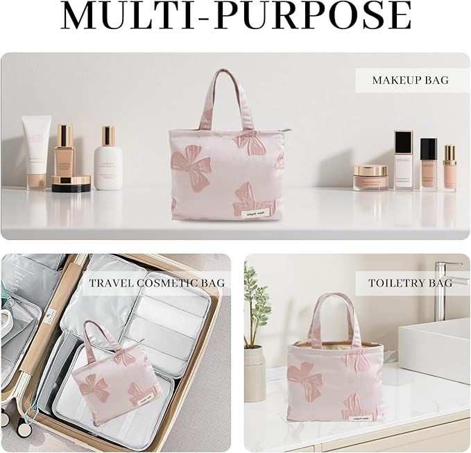 Wudygirl Bow Makeup Bag Travel Cosmetic Bag for Women Small Makeup Pouch with Handle Zipper Cosmetic Pouch Handbag Aesthetic (Pink Bow)