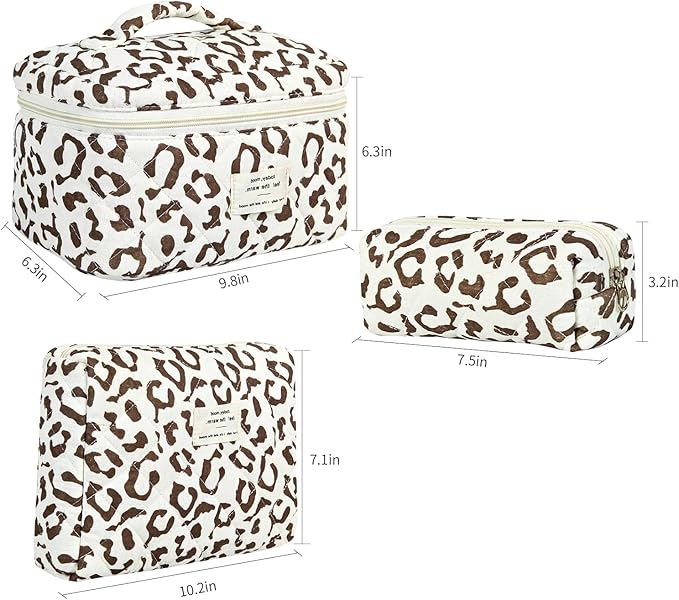 3Pcs Makeup Bag Cotton Quilted Travel Cosmetic Bag Cute Floral Makeup Pouch Large Toiletry Bag for Women Girls