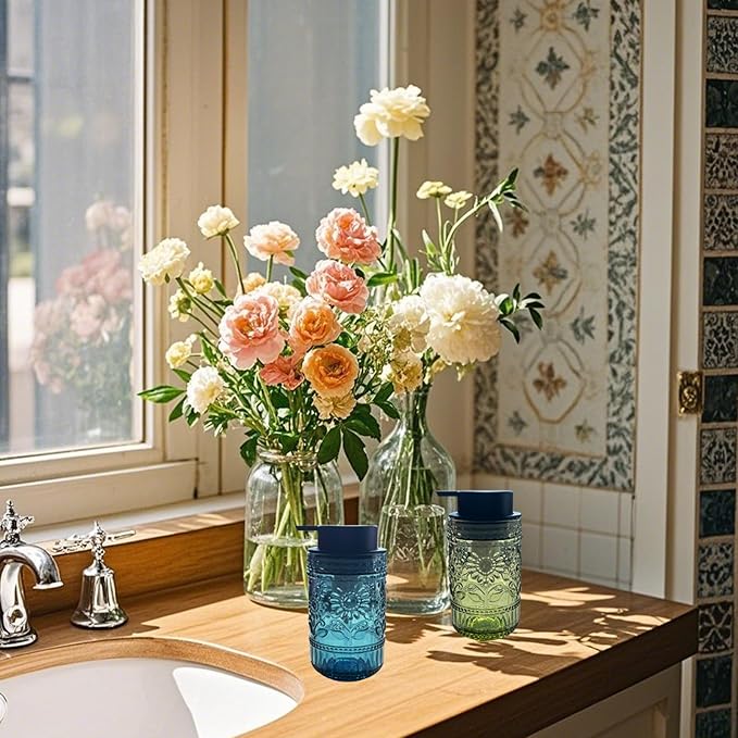 Foaming Hand Soap Dispenser,Vintage Glass Soap and Lotion Dispenser for Bathroom,Kitchen Dish Soap Dispenser with Silver Foam Pump,Cute Farmhouse Antique Decor (Blue+Foam Pump)