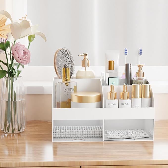 Makeup Organizer with Drawers, Cosmetic Storage for Dresser Vanity and Bathroom Countertop, Beauty Holder for Lipstick Brush, Skincare Organizer for Vanity, Cosmetic Display Case (White-2P)