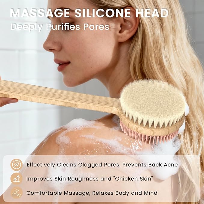 Back Scrubber for Shower - Double-Sided Silicone and Super-Dense Bristles for Deep Cleaning & Exfoliation, Bamboo Long Handle with Wider Anti-Slip Grip, Body Exfoliator for Wet or Dry Brushing