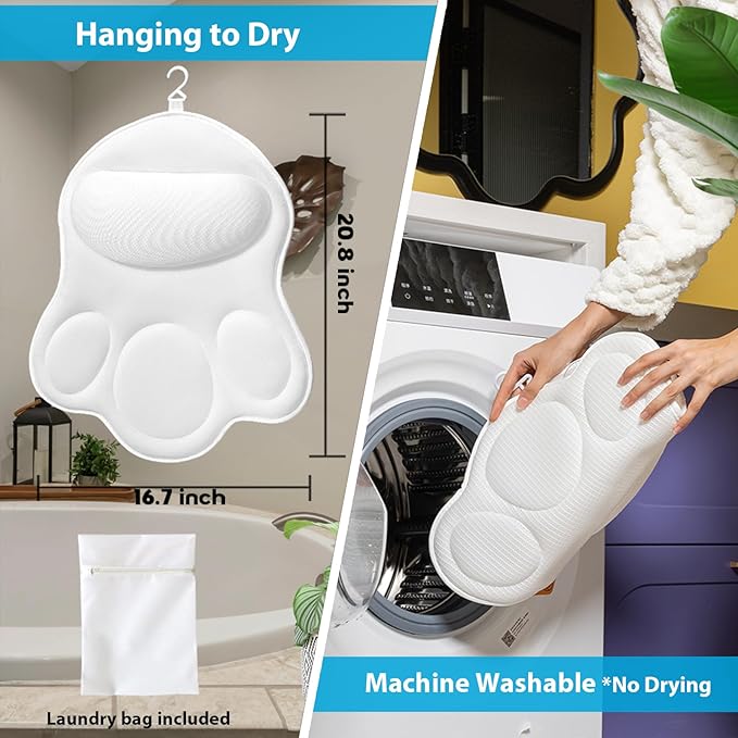 Bath Pillows for Tub Neck and Back Support - Upgraded Non-Slip Rubber Backing & 6 Suction Cups, 4D Air Mesh Spa Bathtub Cushion for Head Rest, Machine Washable with Laundry Bag & Hook(White)